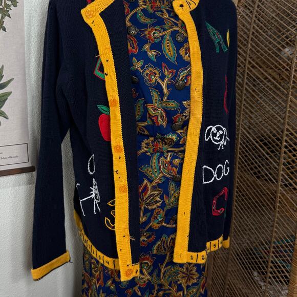 Vintage 90s Y2k Embroidered School Teacher Cardigan Sweater Grandma Novelty L - Picture 7 of 7